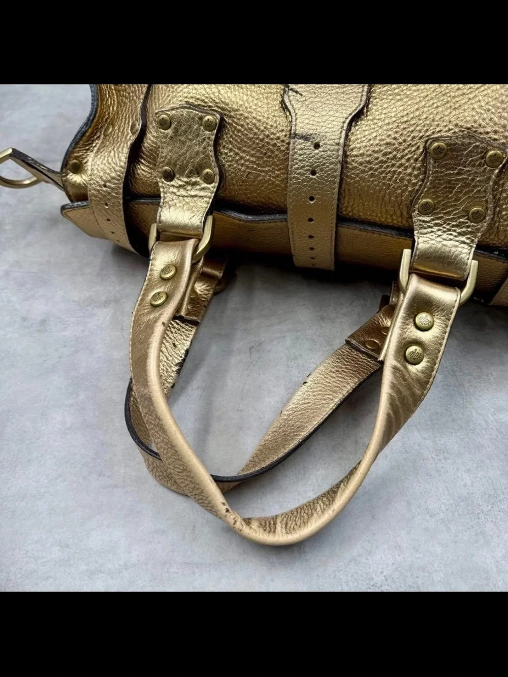 Mulberry Metallic Gold Leather Satchel with Buckle Pockets